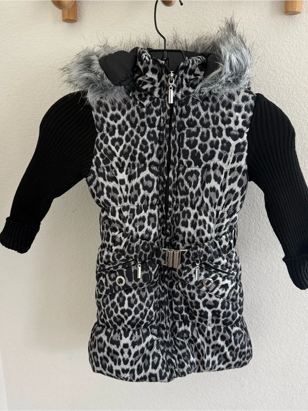 Y2K Urban Republic girls animal print puffer coat jacket faux fur hood size 3T